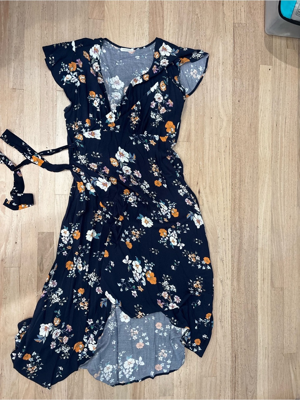 & Other Stories Navy Floral High-Low Wrap Dress with Orange & White Blooms
